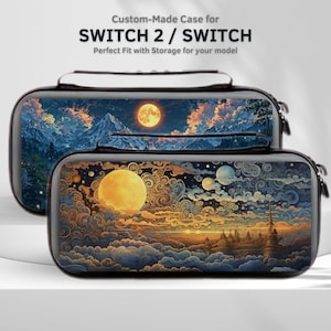 May include: Two black Switch 2 / Switch cases with a landscape design featuring a full moon, clouds, and mountains. The cases have a handle and zipper closure. Text on top reads: "Custom-Made Case for SWITCH 2 / SWITCH".