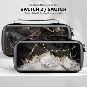 May include: Two black and gold marble-patterned cases for a Switch 2 or Switch. The cases have a zipper closure and a handle. The text on the top reads "Custom-Made Case for SWITCH 2 / SWITCH".