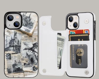Funda tipo cartera con diseño de castillo mágico de escuela de magos y tarjetero para iPhone 17, 16, 15 Pro Max Plus y Samsung Galaxy S25, S24 y S23 Ultra Plus.