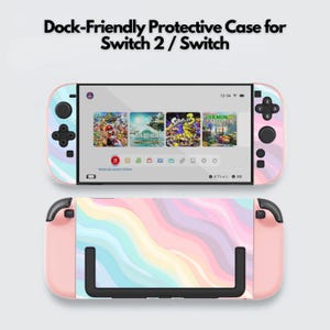 May include: A protective case for a Switch 2 / Switch console. The case features a pastel rainbow design. The screen displays game icons. The text "Dock-Friendly Protective Case for Switch 2 / Switch" is at the top.