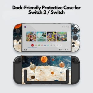 May include: A protective case for a Switch 2 / Switch console. The case has a galaxy design with planets and stars. The top of the console shows a game selection screen. The text "Dock-Friendly Protective Case for Switch 2 / Switch" is at the top.
