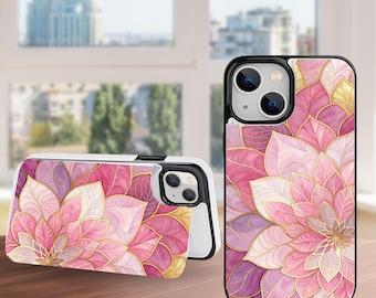 Funda tipo cartera con diseño floral de vidrieras y tarjetero para iPhone 17 16 15 14 13 Pro Max Plus, Galaxy S26 S25 S24 S23 Ultra Plus