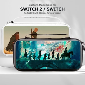 May include: A white and a black carrying case for a gaming console, each featuring a handle and a zipper. The white case displays a printed illustration of two figures, while the black case shows a group of figures on a bridge. Text reads: Custom-Made Case for SWITCH 2 / SWITCH.
