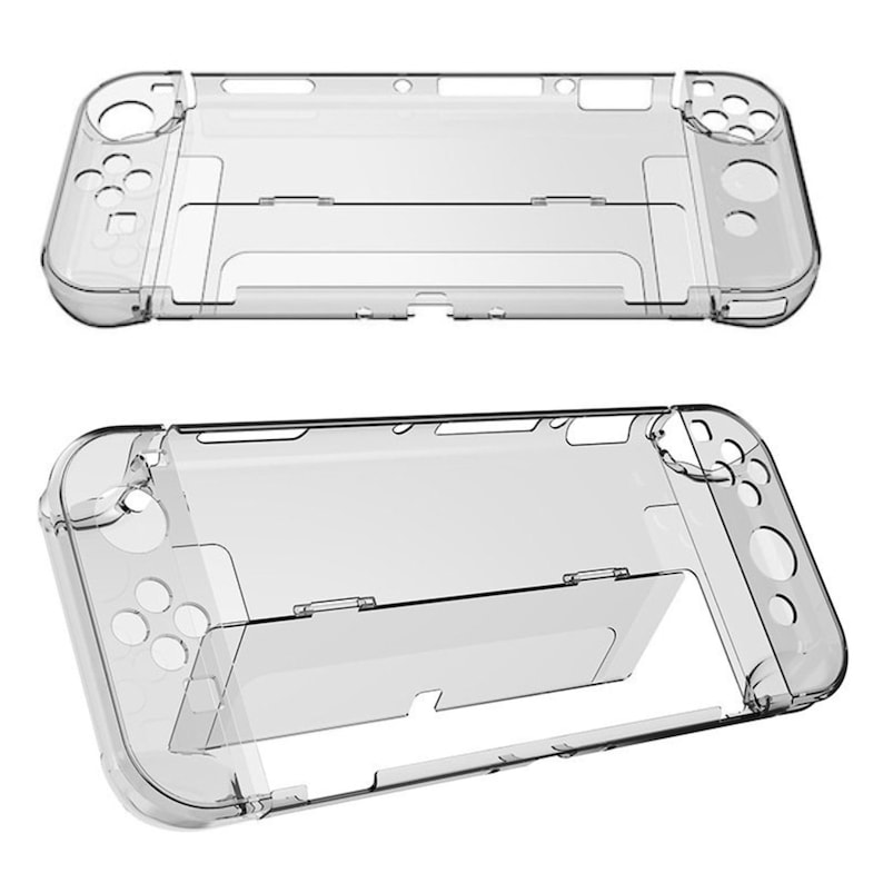 May include: A clear plastic case designed to protect a Nintendo Switch console. The case has cutouts for all the buttons and ports on the console, and it also includes a kickstand.