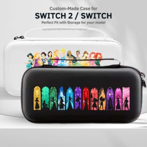 Pode incluir: Duas capas Switch 2 / Switch. Uma capa branca com uma ilustração colorida de princesas. A outra é preta com silhuetas coloridas de princesas. O texto na imagem diz: "Custom-Made Case for SWITCH 2 / SWITCH Perfect Fit with Storage for your model."