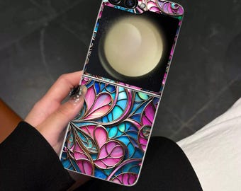Stained-glass Floral Galaxy Flip Phone Case for Samsung Galaxy Z Flip 7 7FE, Flip 6 5 4 3, Galaxy Z Flip7 Flip6 Flip5, Shock Absorbent Cover