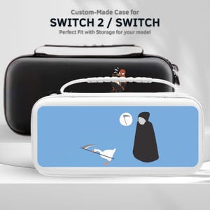 以下が含まれることがあります： Switch 2 / Switchコンソール用の白と黒のケース。白いケースの前面には、鎌を持った漫画のガチョウと死神のフィギュアが描かれた青色の背景があります。黒いケースは白いケースの後ろにあります。上部のテキストは「Custom-Made Case for SWITCH 2 / SWITCH」と書かれています。