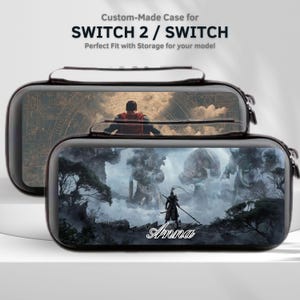 May include: Two black Switch 2 / Switch cases with custom artwork. The top case features a person in a red cape against a map background. The bottom case has a fantasy scene with a warrior and the name "Anna".