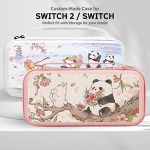 May include: Two custom-made Switch 2 / Switch cases. The top case is white with a floral and panda design. The bottom case is pink with a floral and panda design. The cases have a zipper closure and a handle.