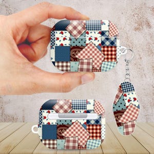 May include: A protective case for wireless earbuds featuring a patchwork design with various patterns including red roses, blue and white gingham, polka dots, and brown paisley, accompanied by a matching teardrop-shaped keychain attachment.