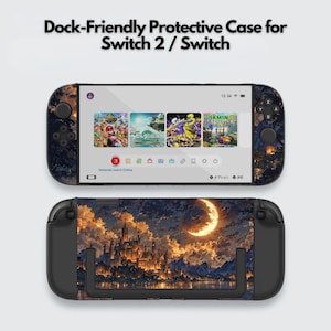 以下が含まれることがあります： Switch 2 / Switch 用のドックフレンドリー保護ケース。ケースは、城、月、雲を備えた詳細な風景デザインが特徴です。Switch画面にはゲームアイコンが表示されます。「Dock-Friendly Protective Case for Switch 2 / Switch」というテキストが上部にあります。