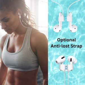 May include: White wireless earbuds with a white anti-lost strap. The strap is optional and can be used to keep the earbuds from falling out during exercise. The text "Optional Anti-lost Strap" is printed below the earbuds.