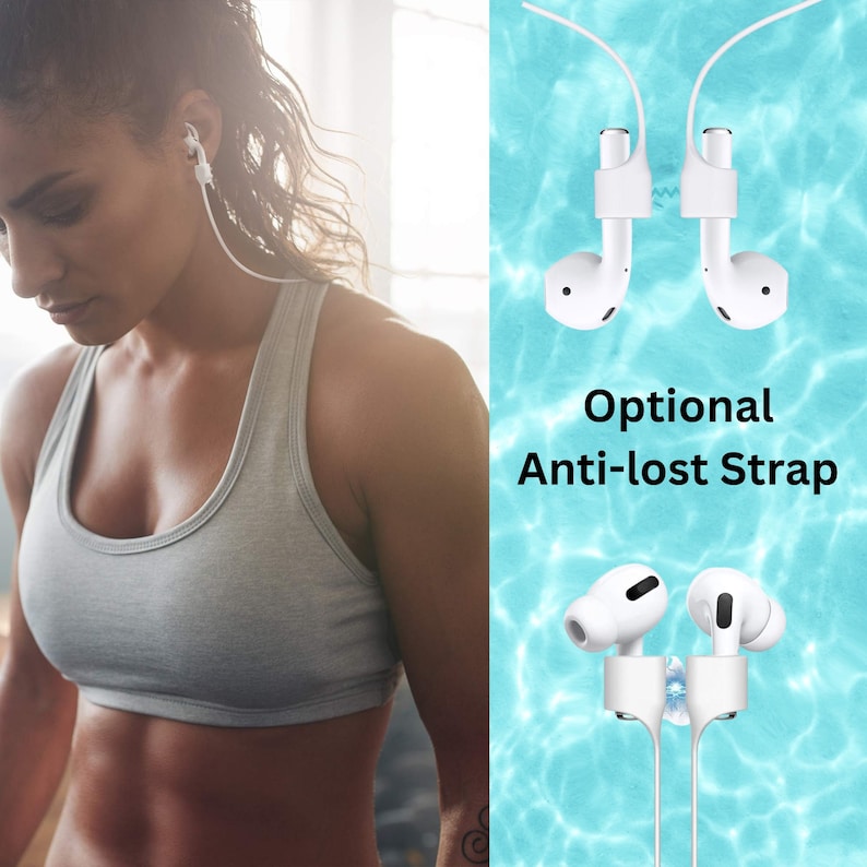 May include: White wireless earbuds with a white anti-lost strap. The strap is optional and can be used to keep the earbuds from falling out during exercise. The text "Optional Anti-lost Strap" is printed below the earbuds.