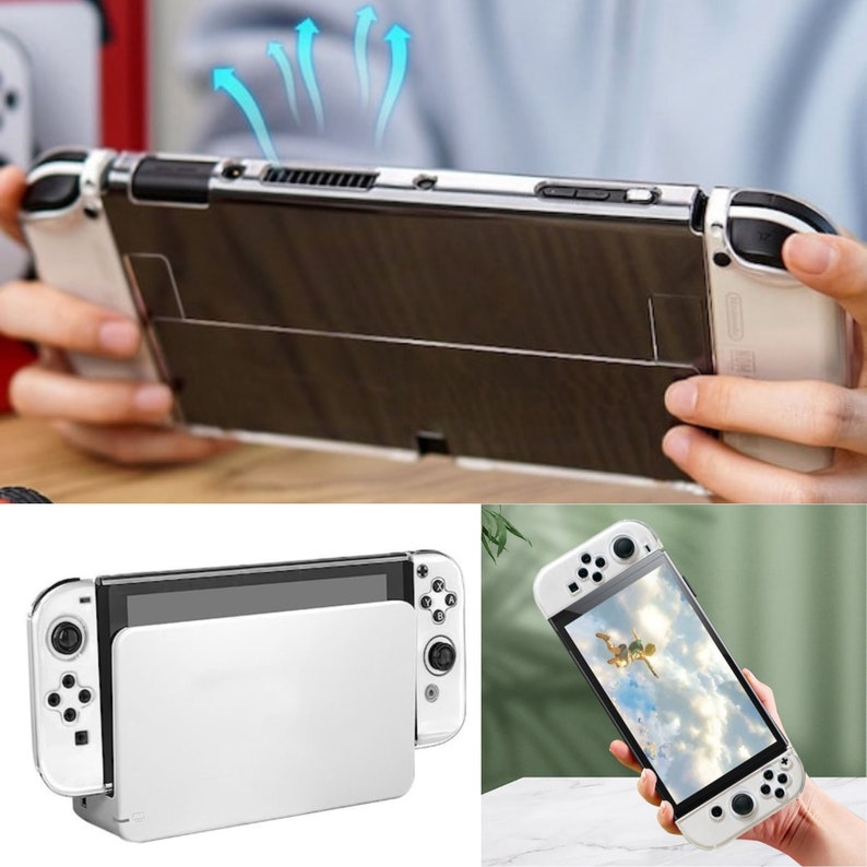 May include: A white Nintendo Switch console with a clear protective case. The console is in a tabletop mode with the screen facing forward. The console is on a white surface.