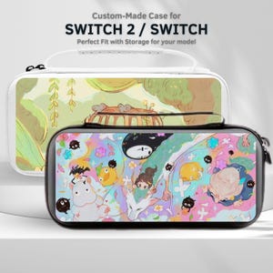 May include: Two custom-made Switch 2 / Switch cases. The top case is white with a green and yellow illustration. The bottom case is black with a colorful anime-style design featuring various characters. Both cases have a zipper closure.