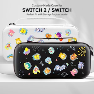 May include: Two custom-made cases for SWITCH 2 / SWITCH. One is white with colourful cartoon characters in space suits. The other is black with similar cartoon characters and star designs. The cases have a handle and zip.