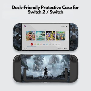 May include: A black protective case for a Switch 2 / Switch. The case features a screen displaying game icons and a back with a warrior scene. The text "Dock-Friendly Protective Case for Switch 2 / Switch" is at the top.