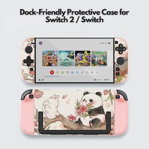 May include: A pink protective case for a Switch 2 / Switch with a floral and animal design. The case features a panda and a rabbit on a branch. The text "Dock-Friendly Protective Case for Switch 2 / Switch" is at the top.