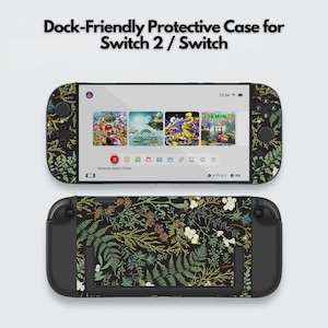Puede incluir: Funda protectora para Switch 2 / Switch con un diseño floral en negro y verde. La funda es compatible con la base y presenta el texto "Dock-Friendly Protective Case for Switch 2 / Switch". La pantalla muestra iconos de juegos.