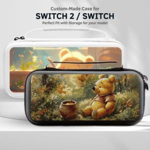 May include: Two custom-made cases for SWITCH 2 / SWITCH. The cases feature a Winnie the Pooh design. One case is white with a handle, and the other is black. The text "Custom-Made Case for SWITCH 2 / SWITCH" is at the top.