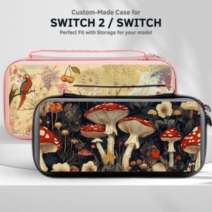 May include: Two custom-made Switch 2 / Switch cases. The bottom case features a dark background with red-capped mushrooms. The top case is pink with a floral and bird design. The text on the top says "Custom-Made Case for SWITCH 2 / SWITCH".