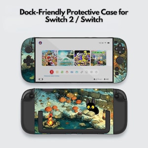 May include: A protective case for a Switch 2 / Switch console. The case features a nature-themed design with a black cat, mushrooms, and a small fire. The screen displays game icons. The text "Dock-Friendly Protective Case for Switch 2 / Switch" is at the top.