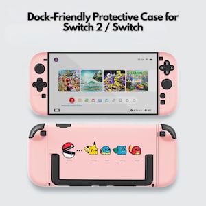 May include: A pink protective case for a Switch 2 / Switch. The case features a screen displaying game icons and a back with cartoon character graphics. The text "Dock-Friendly Protective Case for Switch 2 / Switch" is at the top.