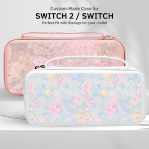 May include: Two floral-patterned cases for Switch 2 / Switch. The front case is white with a pastel floral design, a white handle, and a black zipper. The back case is pink with a similar floral pattern. Text at the top reads "Custom-Made Case for SWITCH 2 / SWITCH".