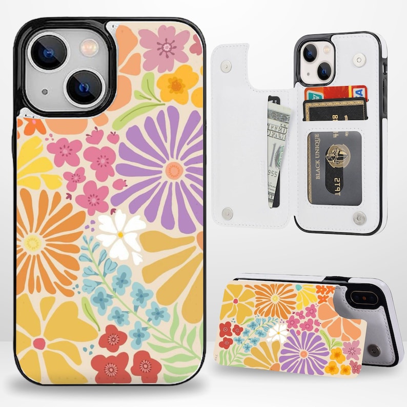 Étui portefeuille esthétique floral rétro avec porte-cartes pour iPhone 17 16 15 14 13 Pro Max Plus, Samsung Galaxy S26 S25 S24 Ultra Plus 4