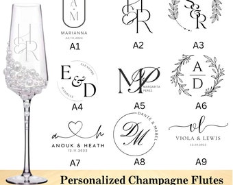 Flûtes à champagne perlées personnalisées, lot de 2, verres à toast de mariage personnalisés gravés, cadeau de fiançailles, cadeau de mariage, décoration de mariage