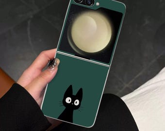 Funda plegable Galaxy con diseño de lindo gato negro para Samsung Galaxy Z Flip 7 7FE, Flip 6 5 4 3, Galaxy Z Flip7 Flip6 Flip5, cubierta amortiguadora.