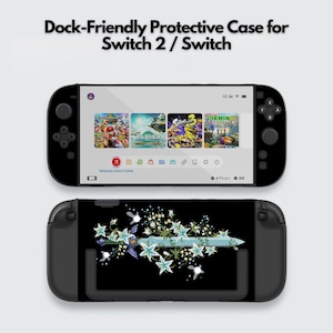 May include: Black protective case for a Switch 2 / Switch. The case features a design of a sword with floral accents on a black background. The Switch console is displayed above, showing the game selection screen.