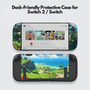 May include: Protective case for Switch 2 / Switch. The case has a landscape design on the back and sides. The screen displays game icons. The text "Dock-Friendly Protective Case for Switch 2 / Switch" is at the top.