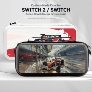 May include: A white and black custom-made case for SWITCH 2 / SWITCH, with a handle and zipper closure. The case features a red and white design with a race car graphic. The front of the case displays a painting of a race car on a track.