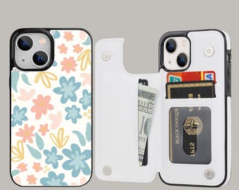 Cute Floral Aesthetic Wallet Phone Case with Card Holder for iPhone 16 15 14 13 Pro Max Plus, Samsung Galaxy S25 S24 S23 Ultra Plus