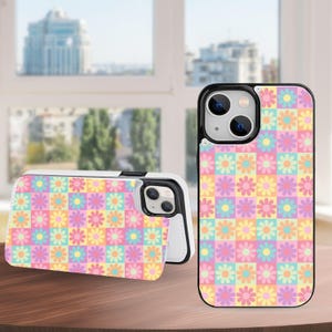 Pastell Blumen Patchwork Geldbörse Handyhülle mit Kartenhalter für iPhone 16 15 14 13 Pro Max Plus, Samsung Galaxy S25 S24 S23 Ultra Plus