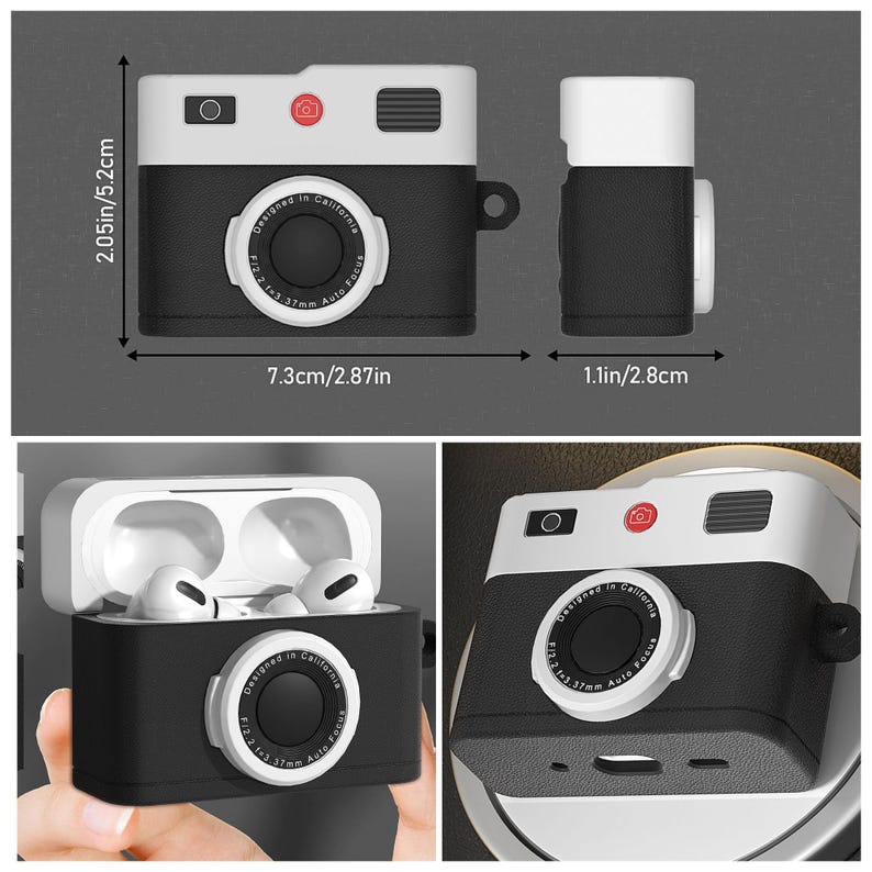 May include: A black and white camera-shaped protective case for Apple AirPods. The case has a white front with a black lens and the text "Designed in California" and "F1.2 1:3.37mm Auto Focus". The case is open to reveal the white AirPods inside.