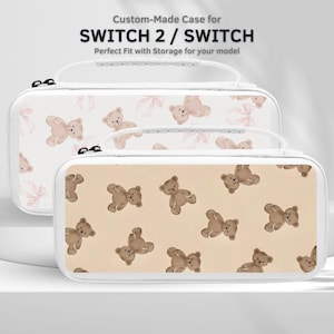 May include: Two white Nintendo Switch cases with a handle. One case has a pattern of pink bows and teddy bears, the other has a pattern of brown teddy bears on a tan background. The text on the top says "Custom-Made Case for SWITCH 2 / SWITCH".