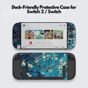 Könnte beinhalten: Eine Schutzhülle für Switch 2 / Switch mit blauem Blumenmuster. Die Hülle verfügt über einen Displayschutz und eine passende Rückwand. Der Bildschirm zeigt Spielsymbole. Der Text "Dock-Friendly Protective Case for Switch 2 / Switch" steht oben.