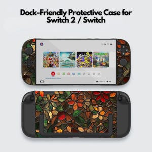 May include: A protective case for a Switch 2 / Switch. The case features a stained-glass floral design in shades of brown, green, and orange. The screen displays game icons. The text "Dock-Friendly Protective Case for Switch 2 / Switch" is at the top.