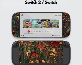 かわいい植物柄ステンドグラス風Nintendo Switch 2（7.9インチ）用ケース、Switch OLED対応、ドック対応保護スナップカバー、ハードシェル
