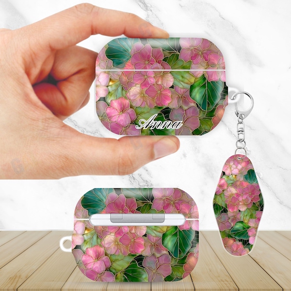 Personalized Stained Glass Floral Aesthetic AirPods Case for AirPods Pro 3 2 1, AirPod 4 3 2 1 Gen, Protective Cover with Keychain