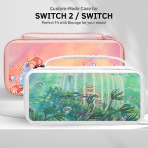 May include: Two custom-made cases for SWITCH 2 / SWITCH. The top case is pink with a cartoon design. The bottom case is white with an underwater scene featuring jellyfish, fish, and a building. Both cases have a zipper closure and a handle.