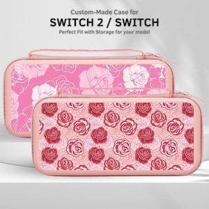 May include: Two pink Switch 2 / Switch cases with rose patterns. The top case has a large white rose design on a pink background. The bottom case has a pattern of red roses on a pink background. The cases have a zipper closure and a handle.