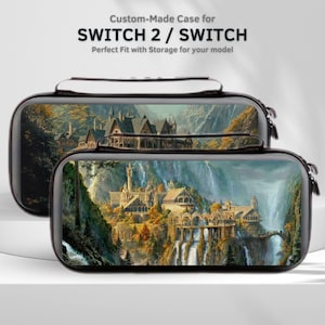以下が含まれることがあります： ファンタジー風景のデザインが施された、黒いSwitch 2 / Switchケースが2つ。ケースにはジッパーとハンドルが付いています。「Custom-Made Case for SWITCH 2 / SWITCH」の文字が上部にあります。