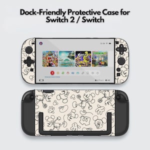 Op de afbeelding: Een beschermhoes voor een Switch 2 / Switch. De hoes is crèmekleurig met een zwart lijntekeningontwerp. Het scherm toont game-iconen. De tekst "Dock-Friendly Protective Case for Switch 2 / Switch" staat bovenaan.