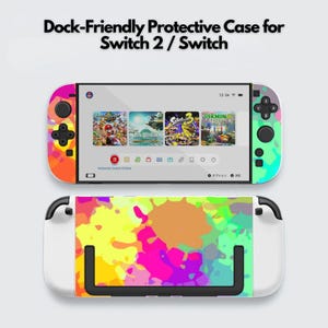 Könnte beinhalten: Eine dock-freundliche Schutzhülle für Switch 2 / Switch mit einem lebendigen, mehrfarbigen Farbspritzer-Muster in Pink, Gelb, Orange und Türkis. Die Hülle bedeckt die Konsole sowie die Controller und zeigt ein helles, abstraktes Design.