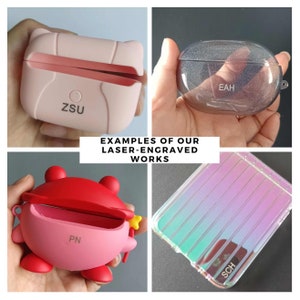 May include: Examples of laser-engraved phone cases. A pink case with a cat design, a clear case with glitter and the text "EAH", a pink case with a frog design, and a clear case with a rainbow iridescent finish and the text "SCH".