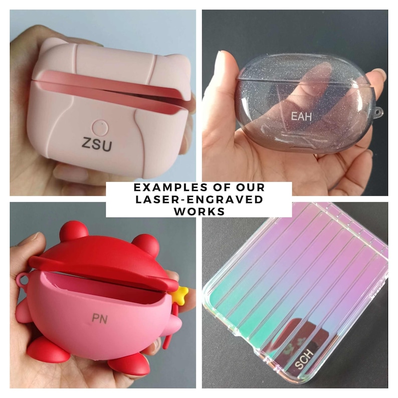 May include: Examples of laser-engraved phone cases. A pink case with a cat design, a clear case with glitter and the text "EAH", a pink case with a frog design, and a clear case with a rainbow iridescent finish and the text "SCH".