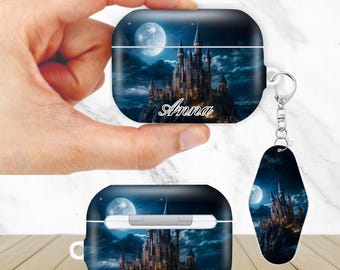Gepersonaliseerde Night Castle AirPods-hoes voor AirPods Pro 3 2 1, AirPod 4 3 2 1 generatie, esthetische hoes met sleutelhanger